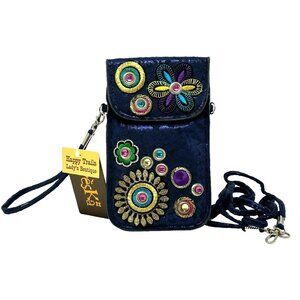 TRESKA Blue Mini Crossbody Bag Wristlet Floral Boho Studded NWT